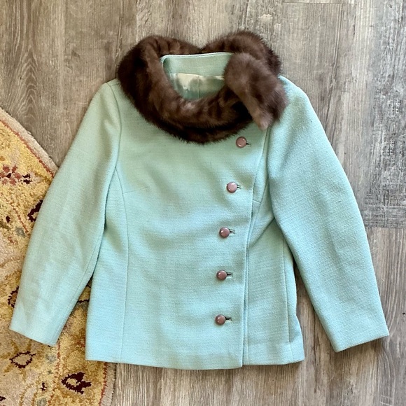 Vintage 1960 Blue Fur Collar Mod Side Button Jacket - Picture 10 of 13